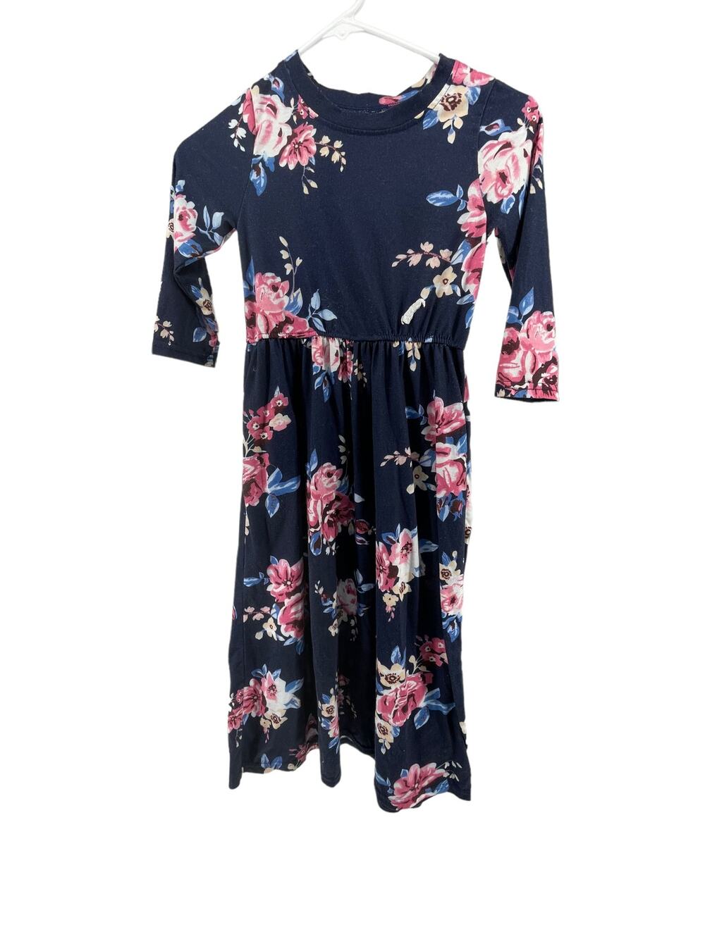 Girls' Navy Blue Floral Long Sleeve Midi Dress Youth Size Medium